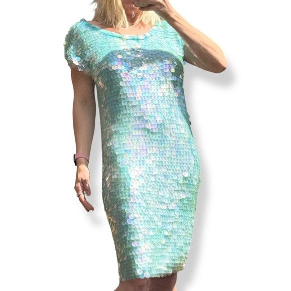 Vintage Norma Kamali dress sequined sequin teal Turquoise mermaid sz L paillete - Picture 3 of 17